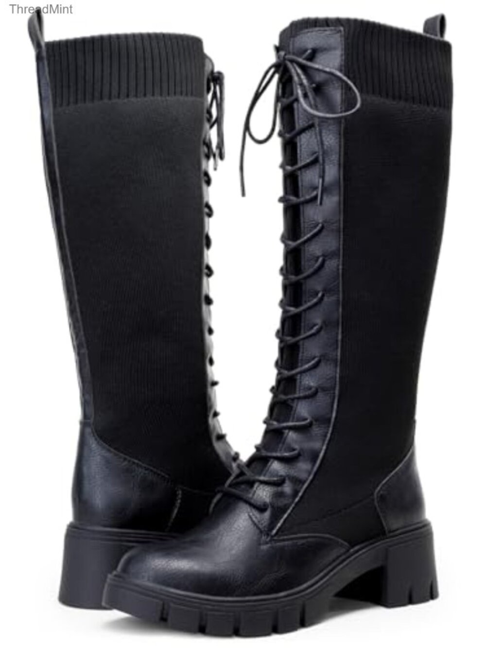 Lace Up Platform Chunky Heel Knee High Combat Boots